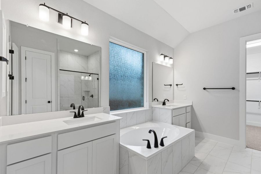 Primary Bath retreat with dual vanities & garden tub