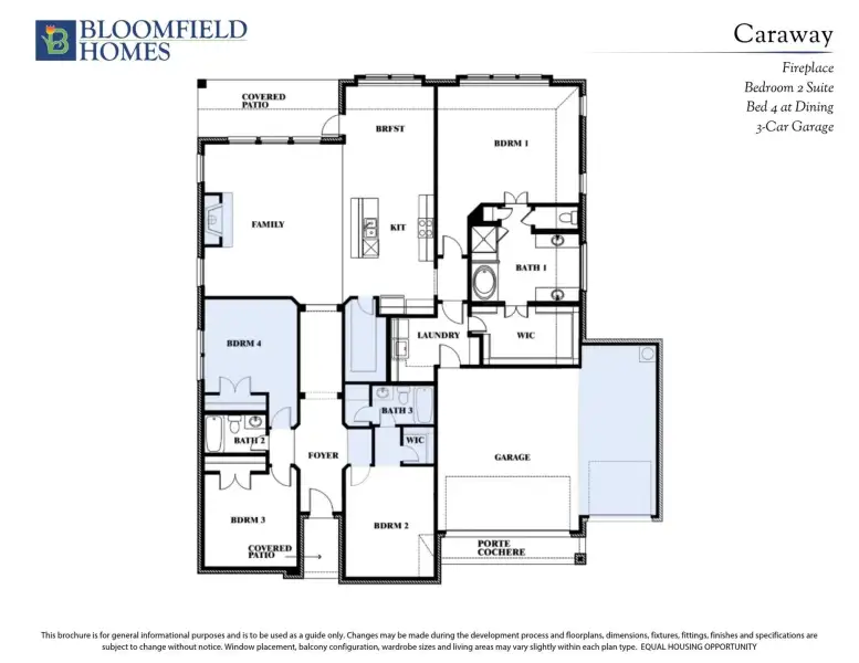 Bloomfield Homes Caraway floor plan showing four bedrooms, three bathrooms, family room, kitchen, and three-car garage.