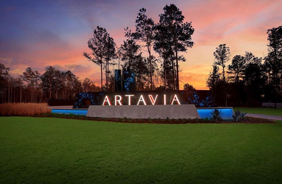 Front exterior of a new home in ARTAVIA: Hilltop Collection, Conroe, TX, highlighting curb appeal (Image 2).