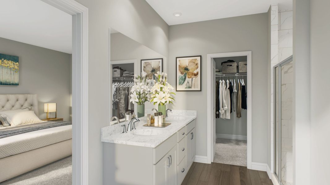 primary bath with dual sink vanity