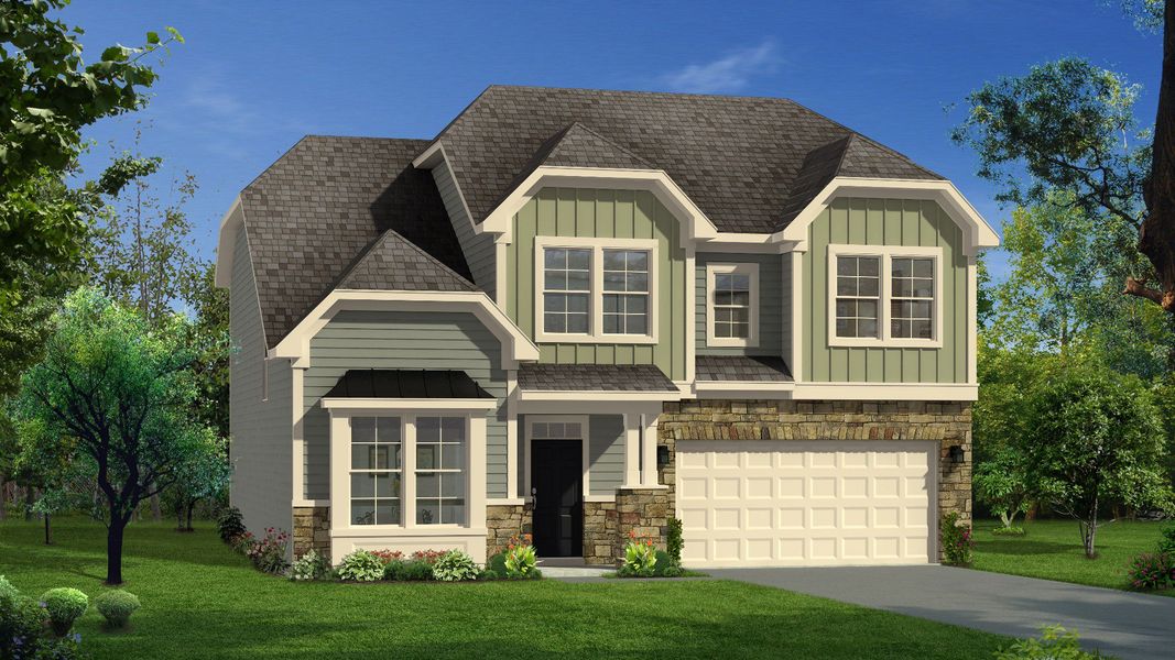 Representative exterior photo of a completed home built from the Hawthorne by DRB Homes in Sidney Creek Single Family, Zebulon, NC (Image 4).
