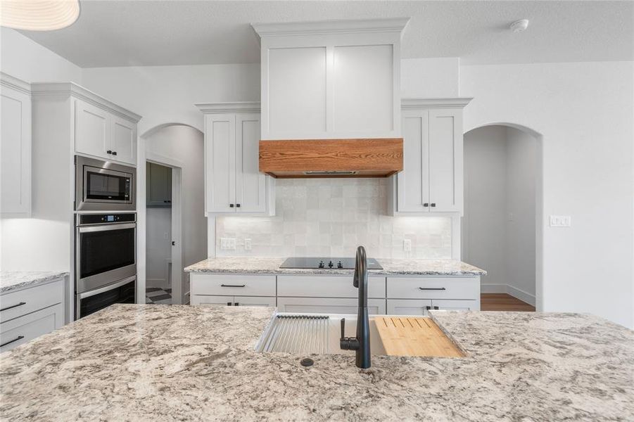 Custom vent-a-hood, farmhouse sink, granite countertops with under cabinet lighting.