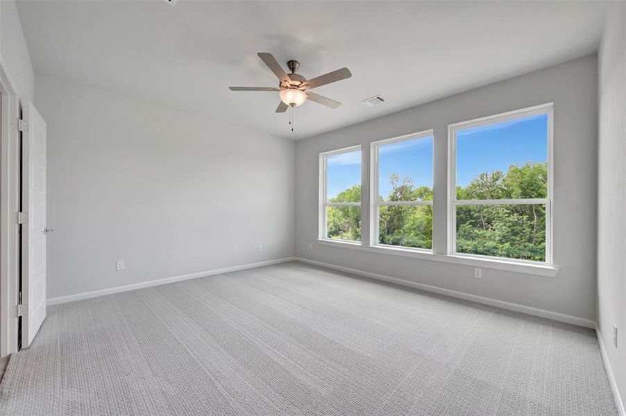 Bright interior space featuring light gray walls and patterned carpeting