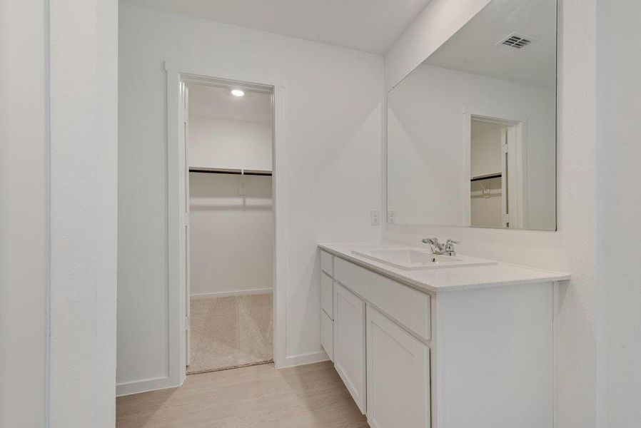 Full bathroom featuring a spacious closet, light wood-type flooring, and vanity