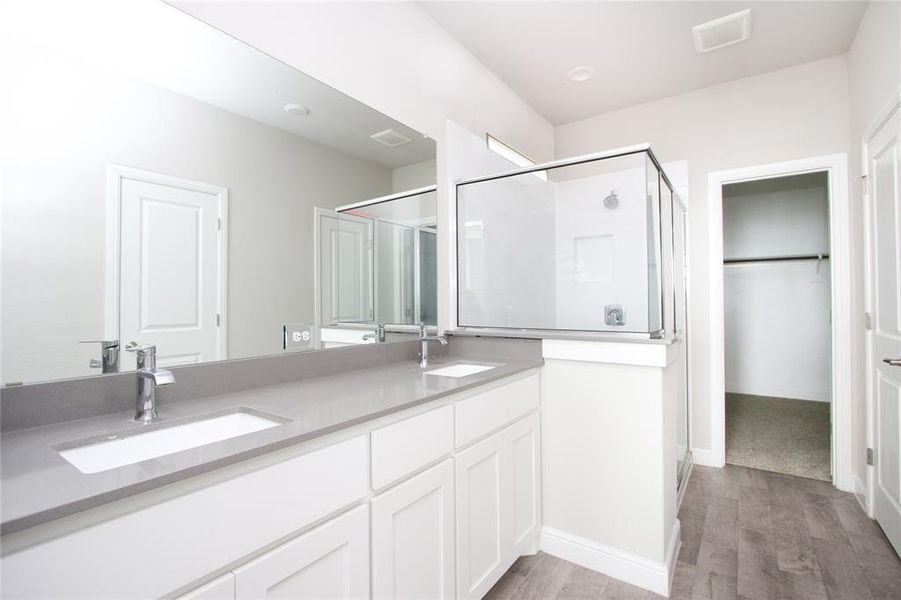 Double-sink master bath with shower, water closet, walk-in-closet and plently of storage space.