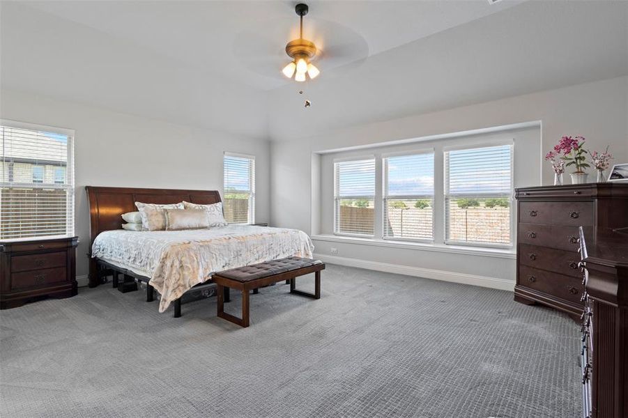 Carpeted bedroom featuring ceiling fan and vaulted ceiling