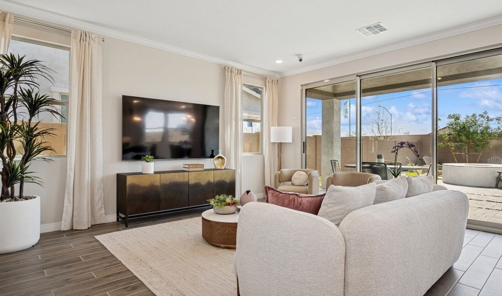 Great room with luxurious tile flooring and sliding glass door