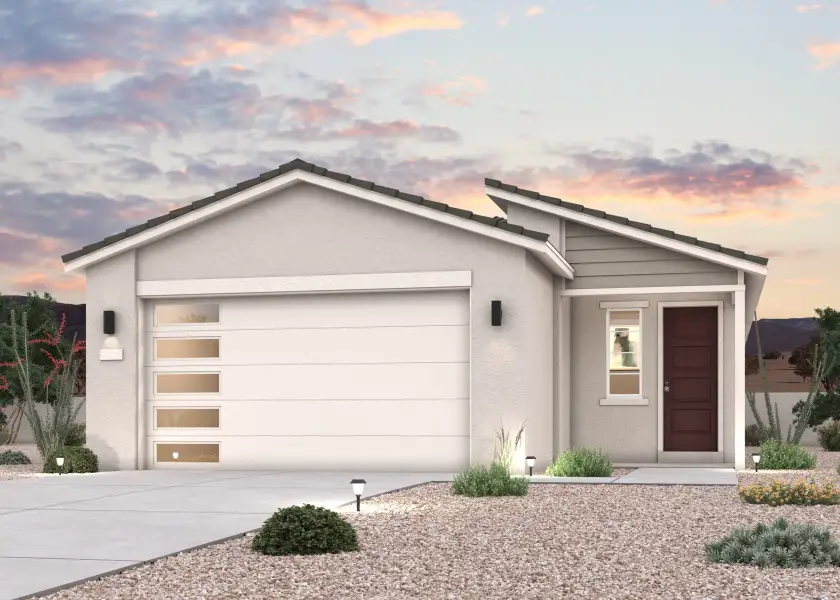 Front exterior of a new home in Manzanita at Teravalis, Buckeye, AZ, highlighting curb appeal (Image 1). Front exterior of a new home in Manzanita at Teravalis, Buckeye, AZ, highlighting curb appeal (Image 1).