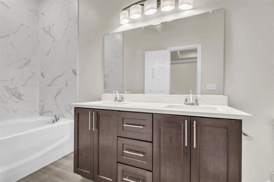 Garden tub with double vanity and spa shower