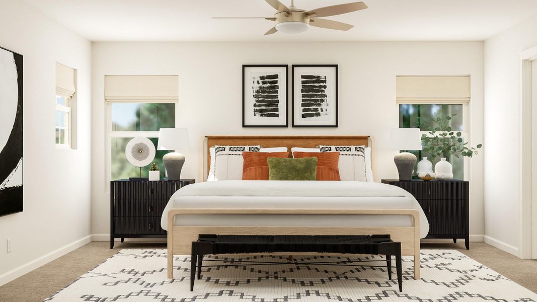 A bedroom with a bed and a fan. A bedroom with a bed and a fan.