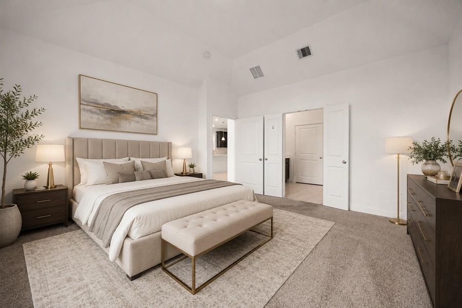 Experience the elegance of this spacious, virtually staged bedroom, featuring a soothing neutral palette, plush carpeting, and stylish furnishings that create a serene retreat.