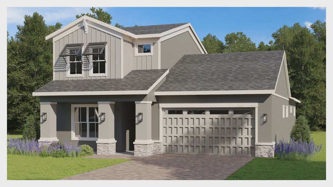 Representative exterior photo of a completed home built from the Lantana II by Jones Homes USA in Reserve at Twin Lakes, St. Cloud, FL (Image 3). Representative exterior photo of a completed home built from the Lantana II by Jones Homes USA in Reserve at Twin Lakes, St. Cloud, FL (Image 3).