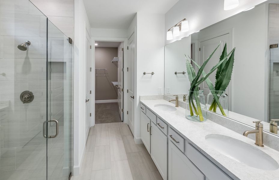 Owner's bathroom with double sink vanity and walk-in closet