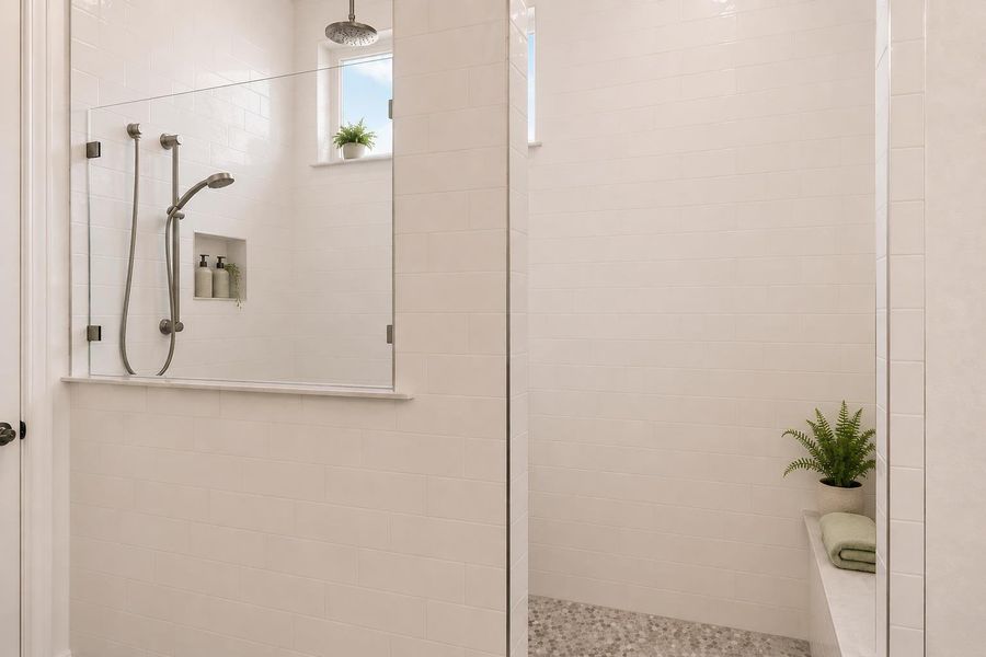 Virtually staged. A spacious, naturally illuminated shower features sleek glass enclosures and pristine tiled walls. Virtually staged. A spacious, naturally illuminated shower features sleek glass enclosures and pristine tiled walls.