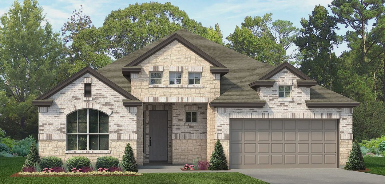 Front exterior of a new home in Jordan Ranch 55's, Fulshear, TX, highlighting curb appeal (Image 11).