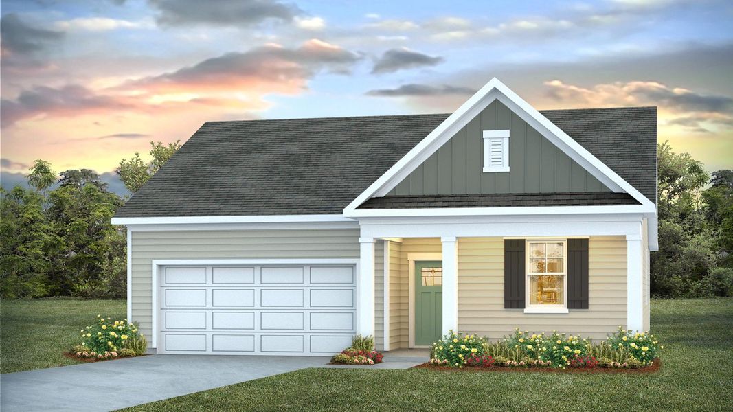 Front exterior of a new home in Saltgrass Landing, Winnabow, NC, highlighting curb appeal (Image 1).