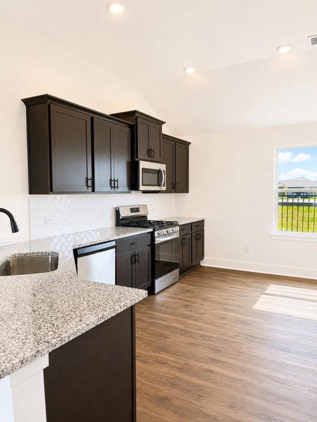 Stylish kitchen featuring granite countertops, dark cabinetry, stainless steel appliances, and an open-concept layout perfect for entertaining. Stylish kitchen featuring granite countertops, dark cabinetry, stainless steel appliances, and an open-concept layout perfect for entertaining.