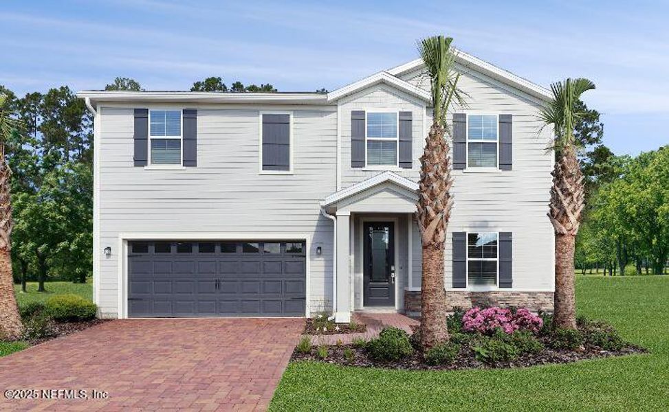 Front exterior of a new home in Shearwater: Shearwater - Single Family, St. Augustine, FL, highlighting curb appeal (Image 1).