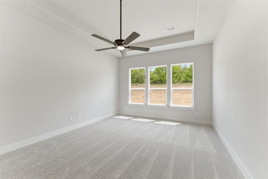 Spare room with light carpet, a tray ceiling, and ceiling fan