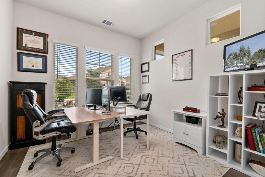 Spacious room featuring wood-finish flooring, multiple windows with blinds, a built-in black storage cabinet, and white walls