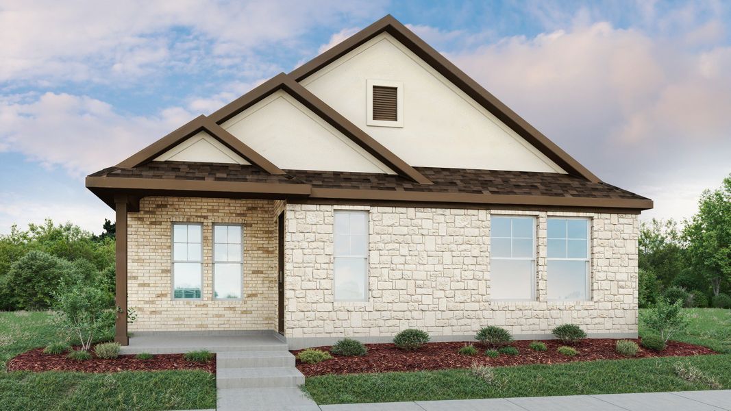 Representative exterior photo of a completed home built from the Austen by DRB Homes in Creeks Crossing, Elgin, TX (Image 7). Representative exterior photo of a completed home built from the Austen by DRB Homes in Creeks Crossing, Elgin, TX (Image 7).