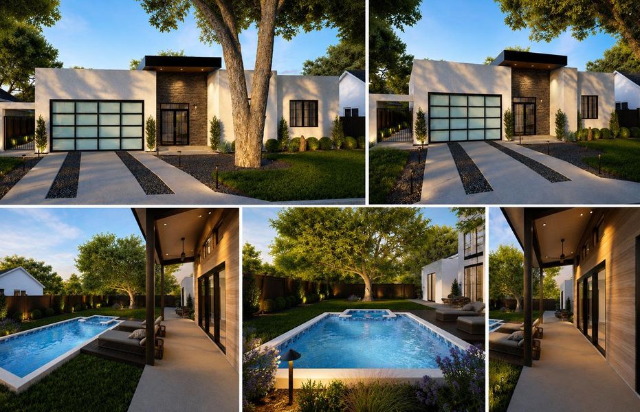 A modern architectural marvel boasting a sleek facade and a serene pool oasis in the private backyard. A modern architectural marvel boasting a sleek facade and a serene pool oasis in the private backyard.