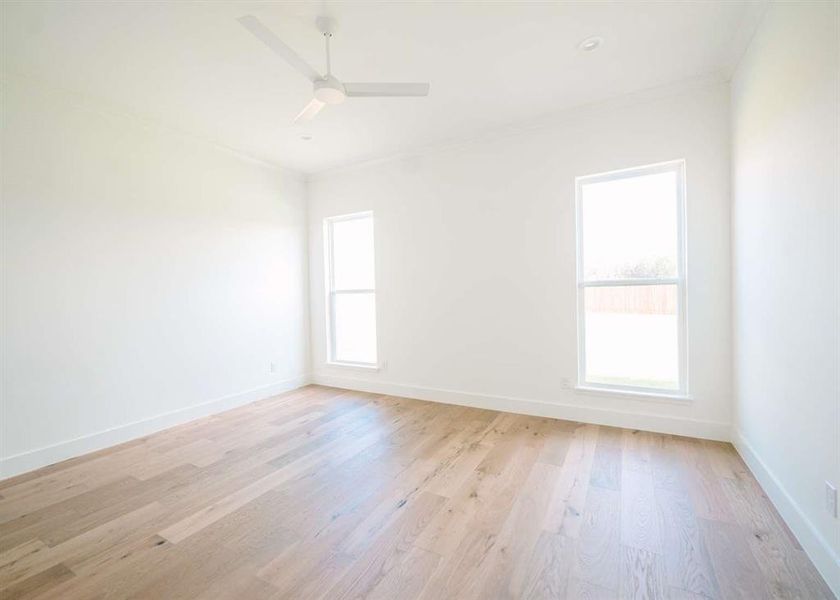 Empty room with plenty of natural light, ceiling fan, crown molding, and light wood-type flooring