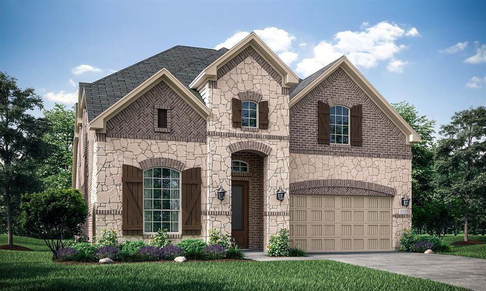 French country style house featuring a garage and a front lawn