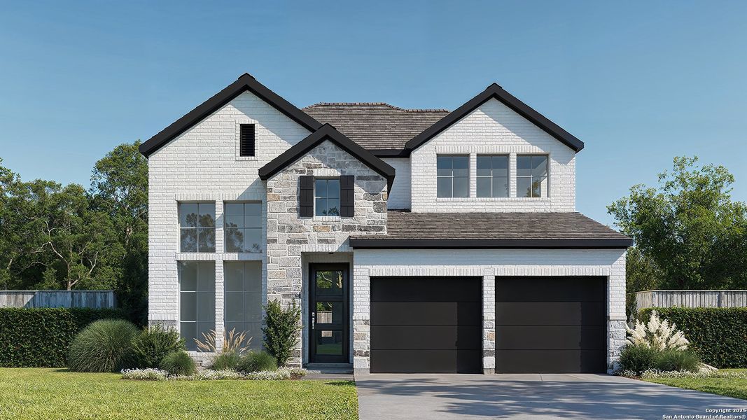 Front exterior of a new home in Kallison Ranch 45', San Antonio, TX, highlighting curb appeal (Image 1).