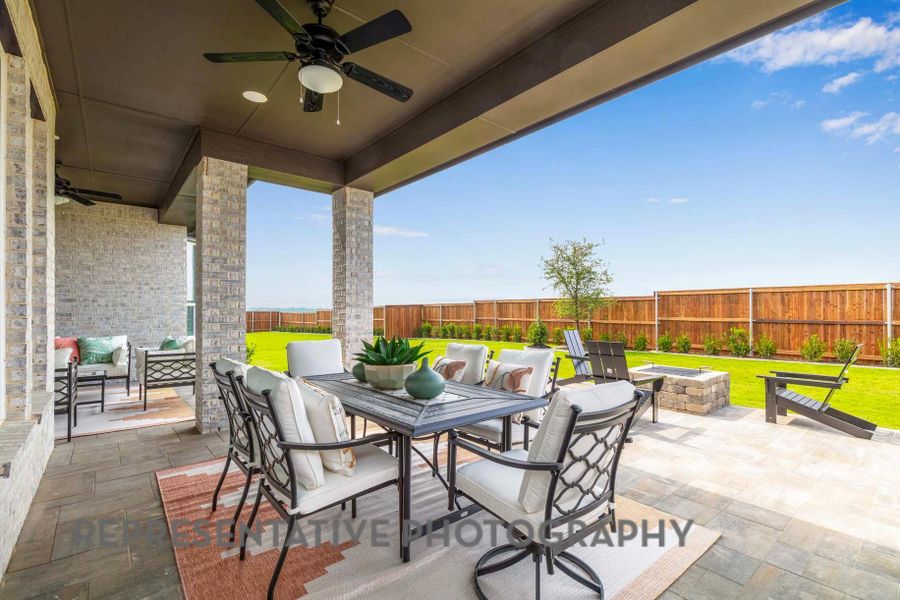 View of patio / terrace with an outdoor fire pit, a fenced backyard, outdoor dining space, and ceiling fan View of patio / terrace with an outdoor fire pit, a fenced backyard, outdoor dining space, and ceiling fan