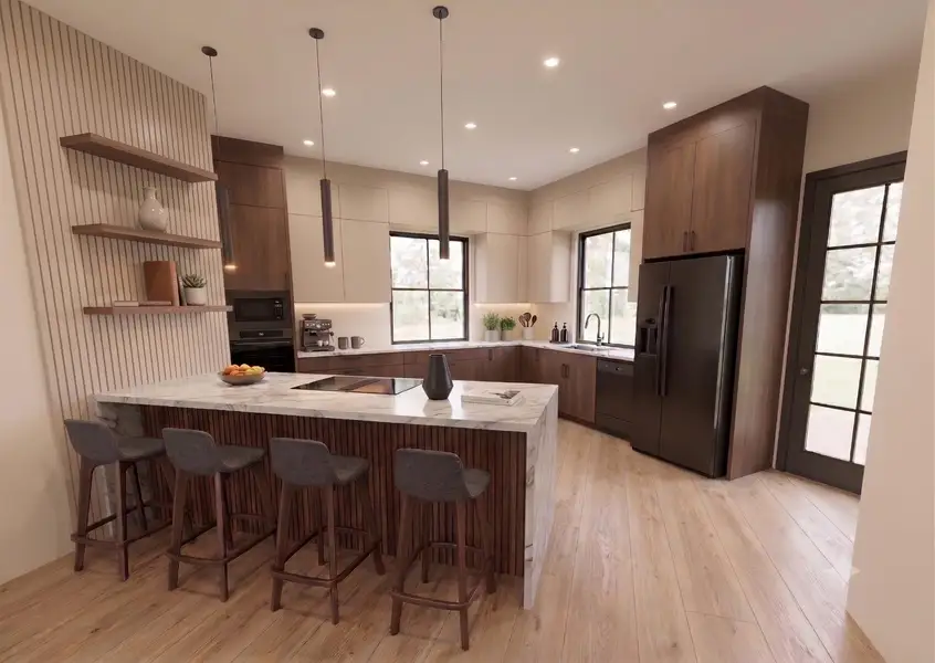 Rich wood cabinetry and stone countertops anchor this modern culinary space.