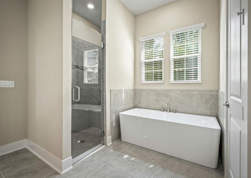 Master bath with walk-in shower and soaker tub.