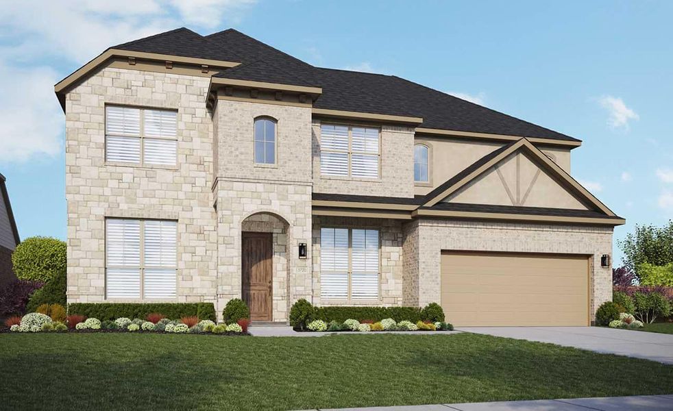 View of front of home featuring a garage, concrete driveway, roof with shingles, a front lawn, and brick siding