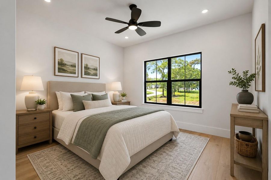 Fifth bedroom suite with recessed lighting and a modern ceiling fan. VIRTUALLY STAGED Fifth bedroom suite with recessed lighting and a modern ceiling fan. VIRTUALLY STAGED