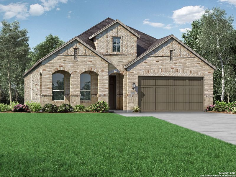 Front exterior of a new home in Davis Ranch: 50ft. lots, San Antonio, TX, highlighting curb appeal (Image 1).