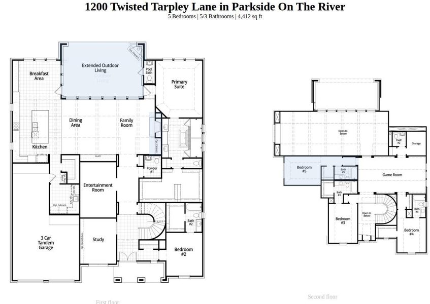 2D floor plan layout of this home in Parkside On The River, Georgetown, TX (Image 3).