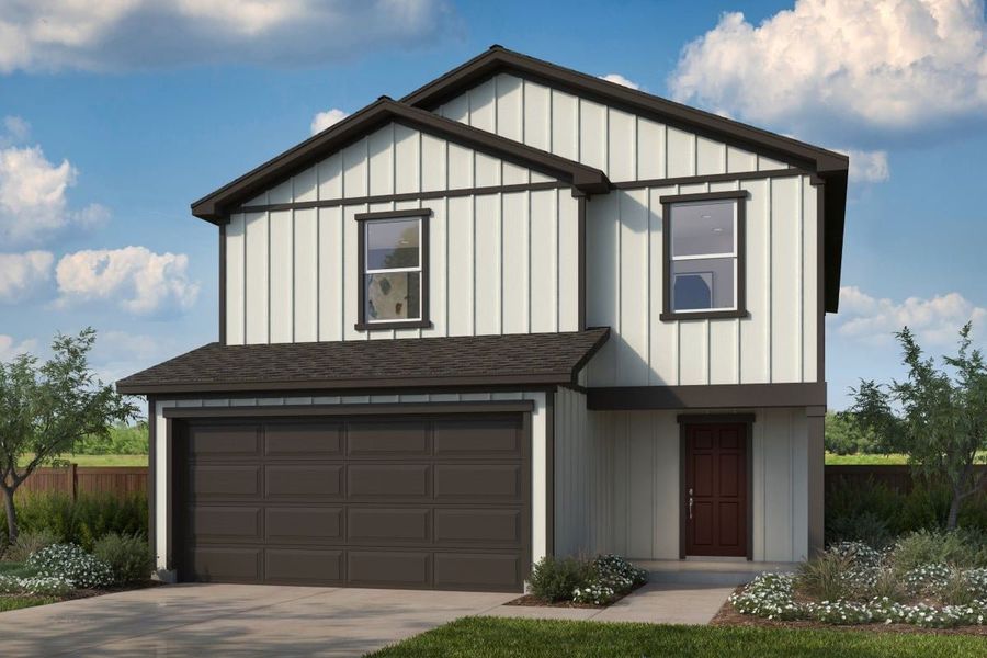 Representative exterior photo of a completed home built from the 2071 by KB Home in Sunset Oaks, Maxwell, TX (Image 5). Representative exterior photo of a completed home built from the 2071 by KB Home in Sunset Oaks, Maxwell, TX (Image 5).