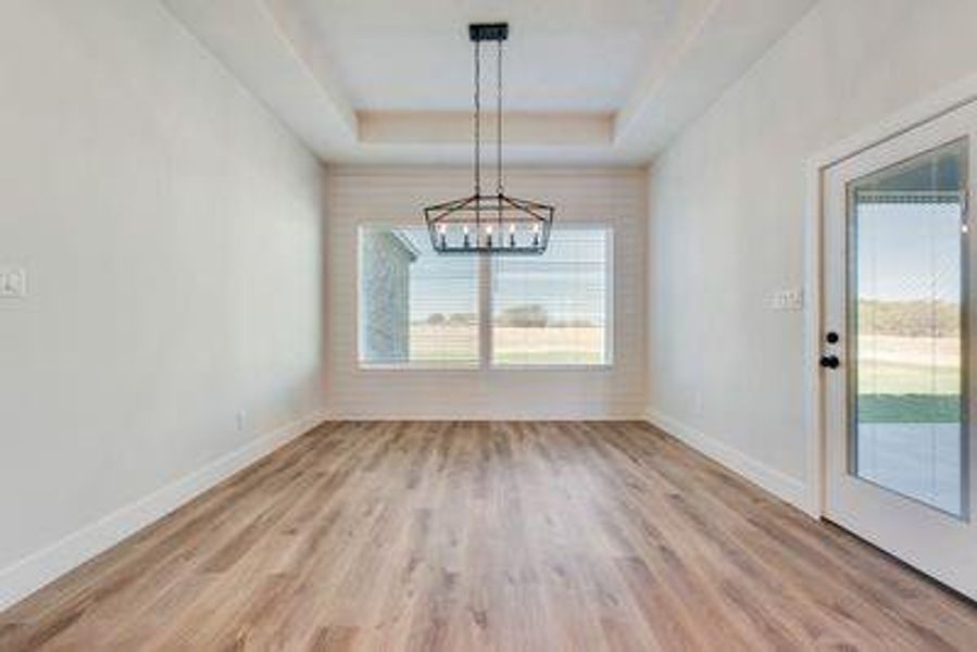 Unfurnished dining area featuring light wood-type flooring, a tray ceiling, plenty of natural light, and a chandelier