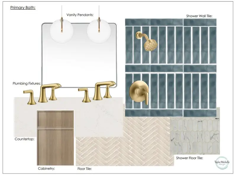 Design Board, Primary Bath. Outlining material and fixture selections for the property's primary bathroom