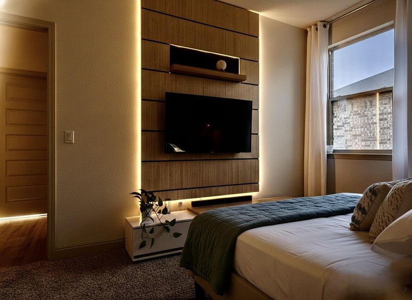 Bedroom featuring carpet flooring and a textured wall