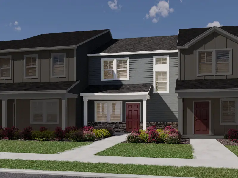 Front exterior of a new home in The Rows at Buffaloe Reserve, Raleigh, NC, highlighting curb appeal (Image 1). Front exterior of a new home in The Rows at Buffaloe Reserve, Raleigh, NC, highlighting curb appeal (Image 1).