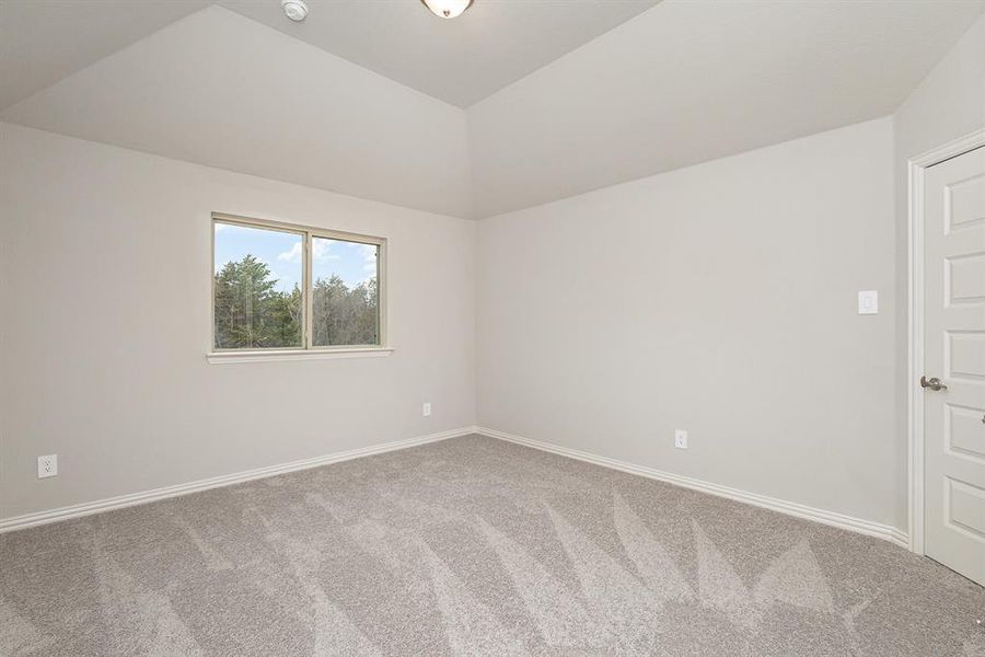 Spare room with carpet floors and vaulted ceiling