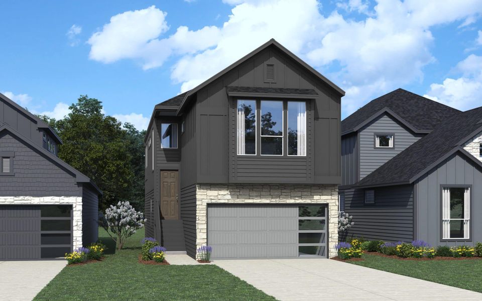 Front exterior of a new home in Prominence, San Antonio, TX, highlighting curb appeal (Image 22).