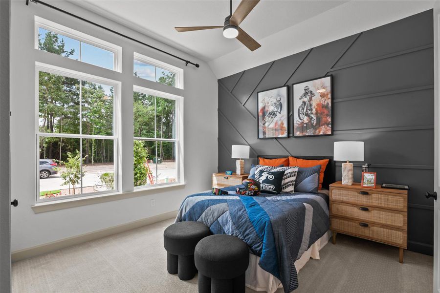 EXAMPLE PHOTO: Front bedroom with high ceilings and big windows opens into a shared bath with dual sinks.