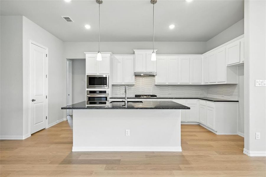Kitchen with stainless steel appliances, under cabinet range hood, tasteful backsplash, light wood-style flooring, and recessed lighting Kitchen with stainless steel appliances, under cabinet range hood, tasteful backsplash, light wood-style flooring, and recessed lighting