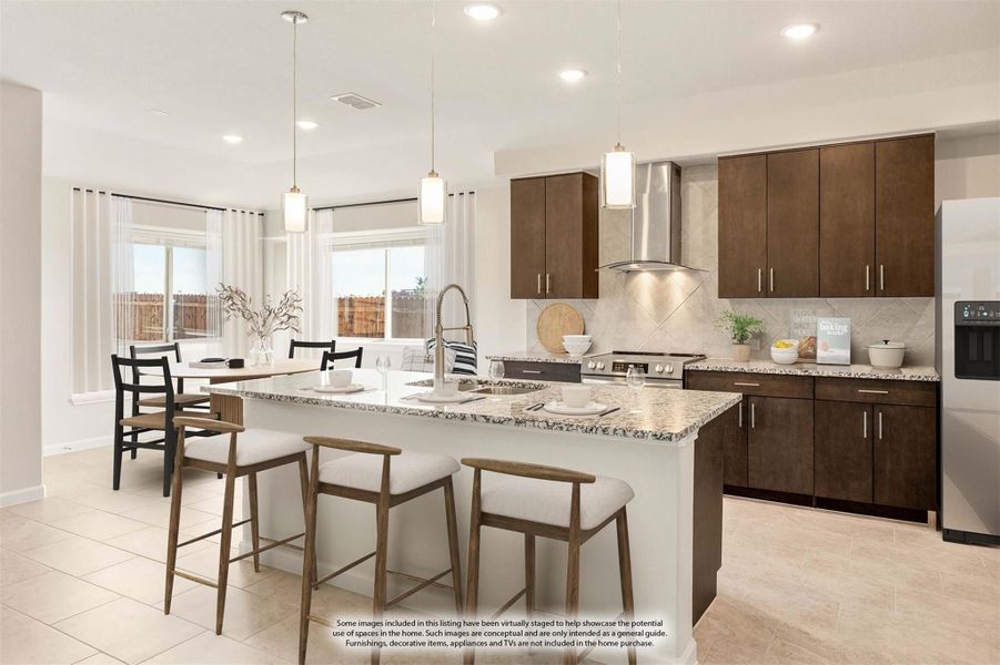 Kitchen with granite island, dark wood cabinets, pendant lights, and open dining area with large windows