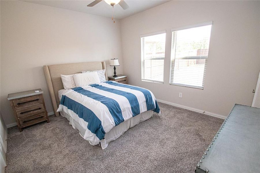 Carpeted bedroom with ceiling fan and baseboards Carpeted bedroom with ceiling fan and baseboards
