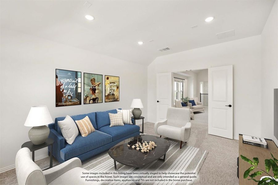 Upstairs living room with blue sofa, carpet flooring, recessed lighting, and arched hallway entrance