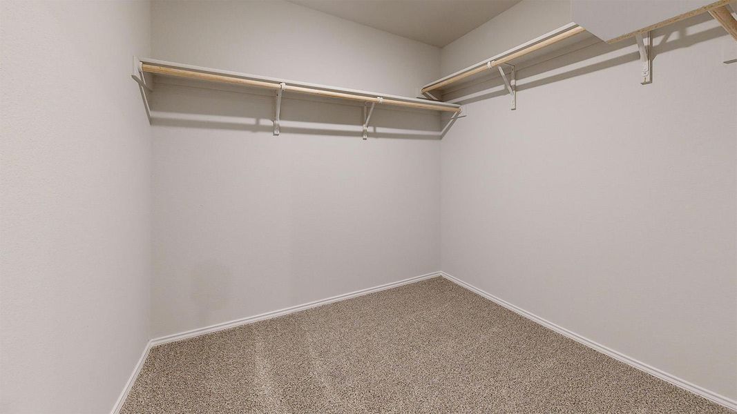 Ample closet space with built-in shelving offers generous storage in this well-appointed room.