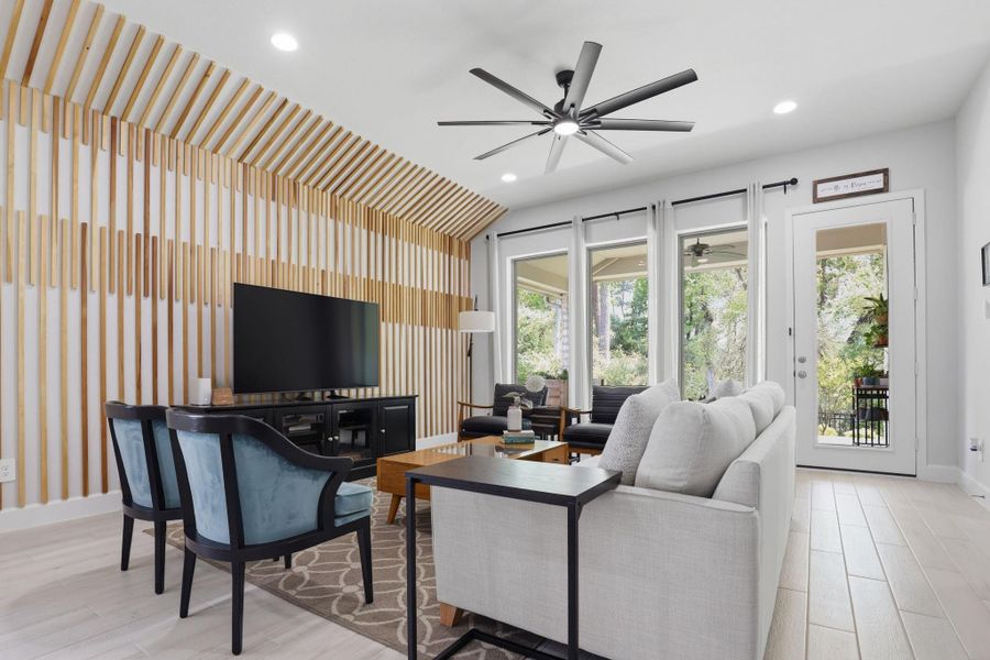 Custom-crafted slatted wood wall is a show-stopping focal point that defines true bespoke design.